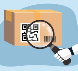 Imagem representando leitura de código GTIN e QR Code em uma embalagem de papelão, simbolizando tecnologia de rastreamento de produtos.