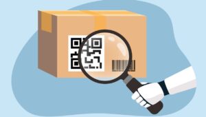 Imagem representando leitura de código GTIN e QR Code em uma embalagem de papelão, simbolizando tecnologia de rastreamento de produtos.