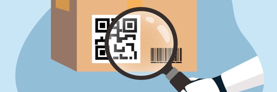 Imagem representando leitura de código GTIN e QR Code em uma embalagem de papelão, simbolizando tecnologia de rastreamento de produtos.