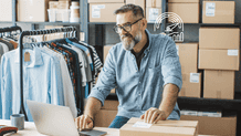 Homem em uma loja de e-commerce organizando uma encomenda sobre uma mesa, com caixas de papelão ao fundo, prateleiras e roupas penduradas, durante o preparo do pedido.